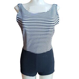 sz 12 True Vintage Black White Striped Womens Swimsuit Low Back Built-In Padding